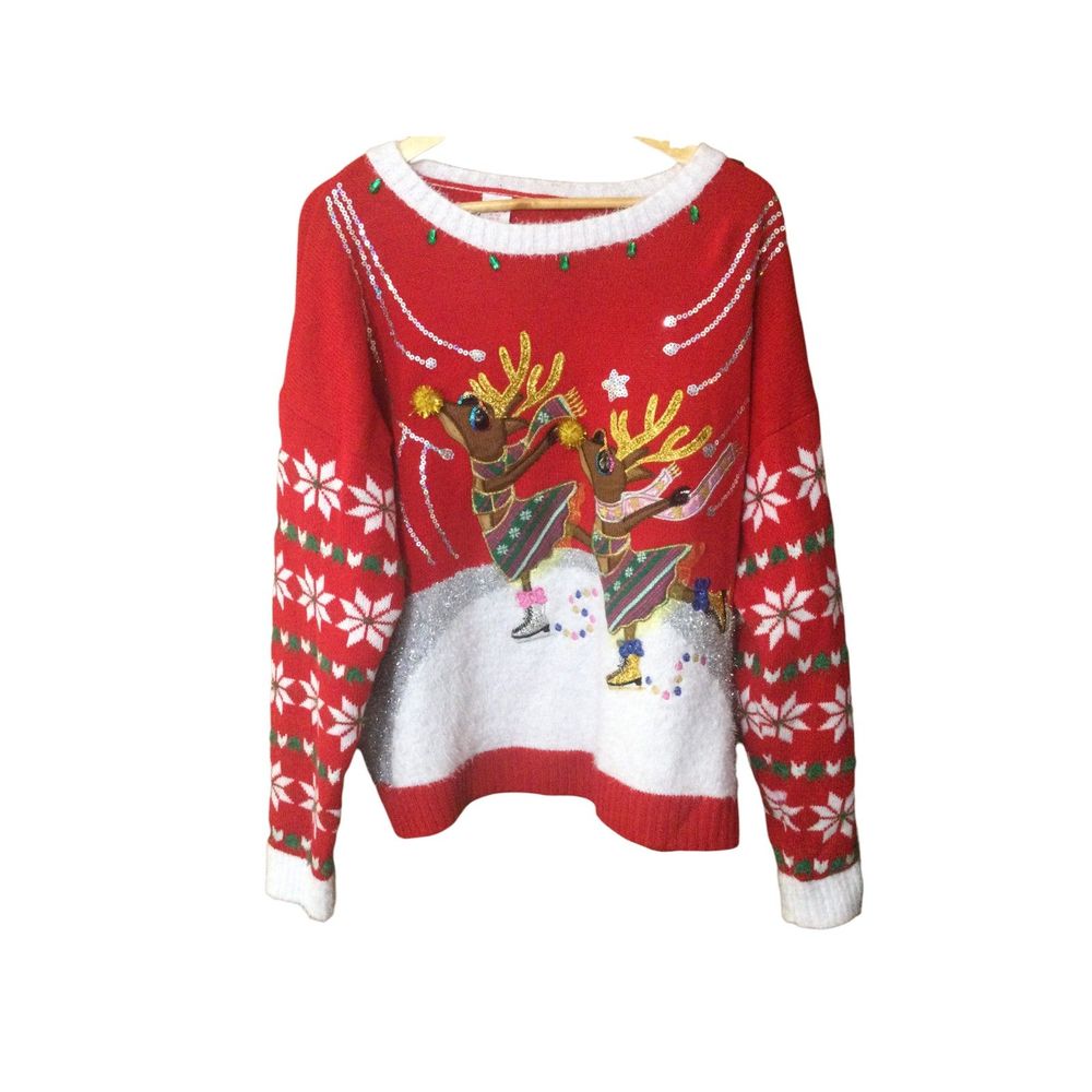 Holiday Time Womens Pullover Christmas Sweater Red Sz XL (16/18) Reindeer Skates